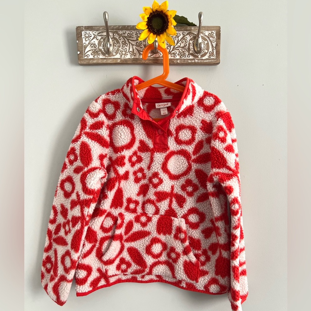 Cat & Jack Sherpa Fleece Floral Mock Neck Pullover Red White Girls - Size 10/12